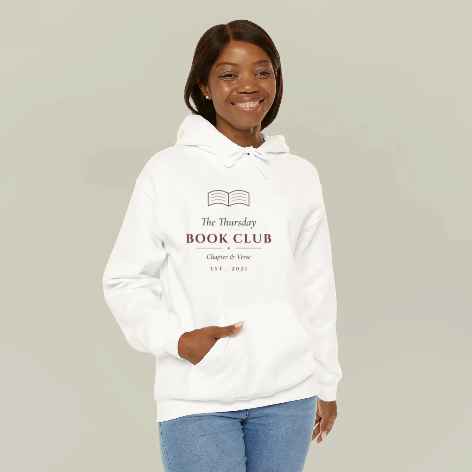 "The Thursday Book Club", an example design by Vessim, printed on a hoodie