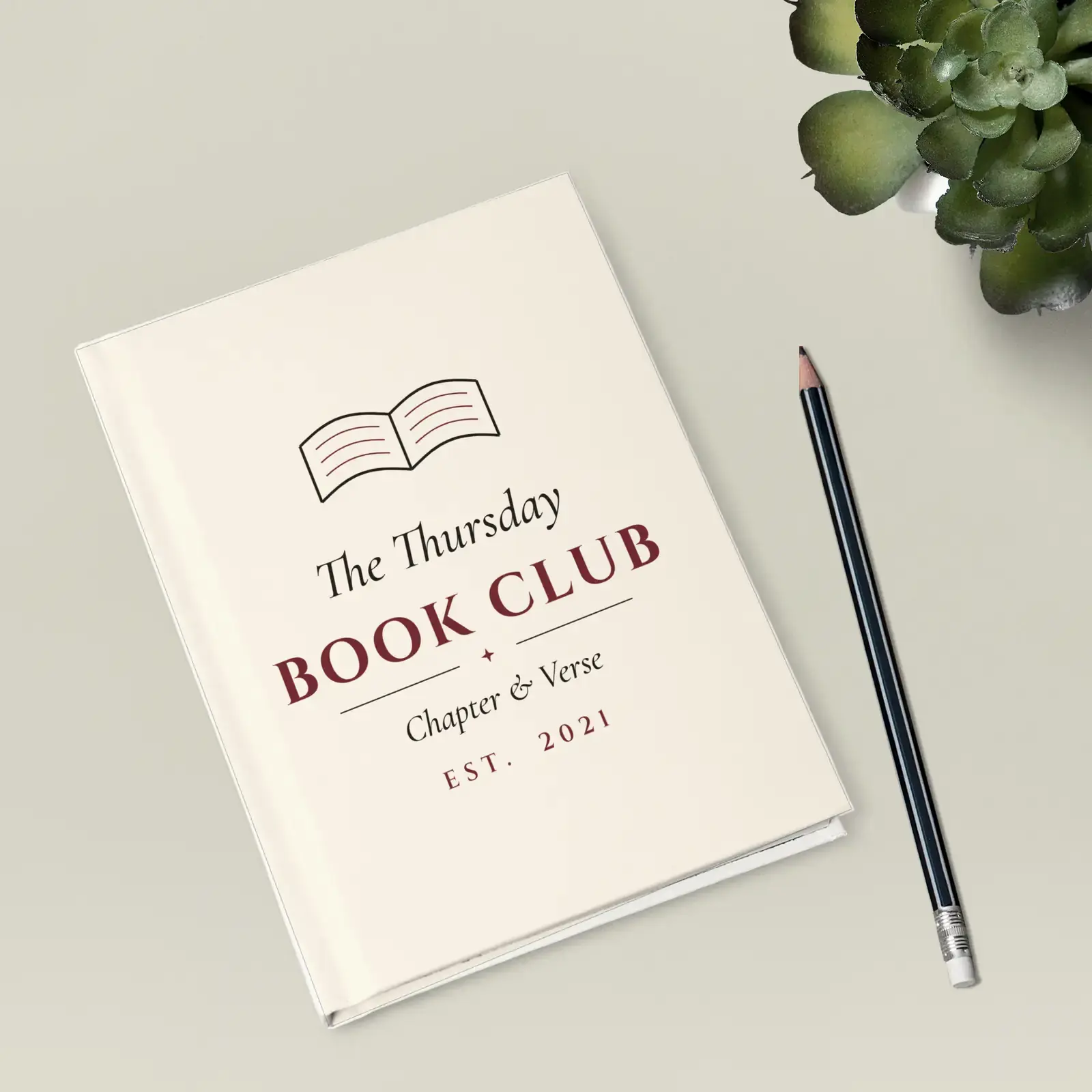 "The Thursday Book Club", an example design by Vessim, printed on a hardcover journal