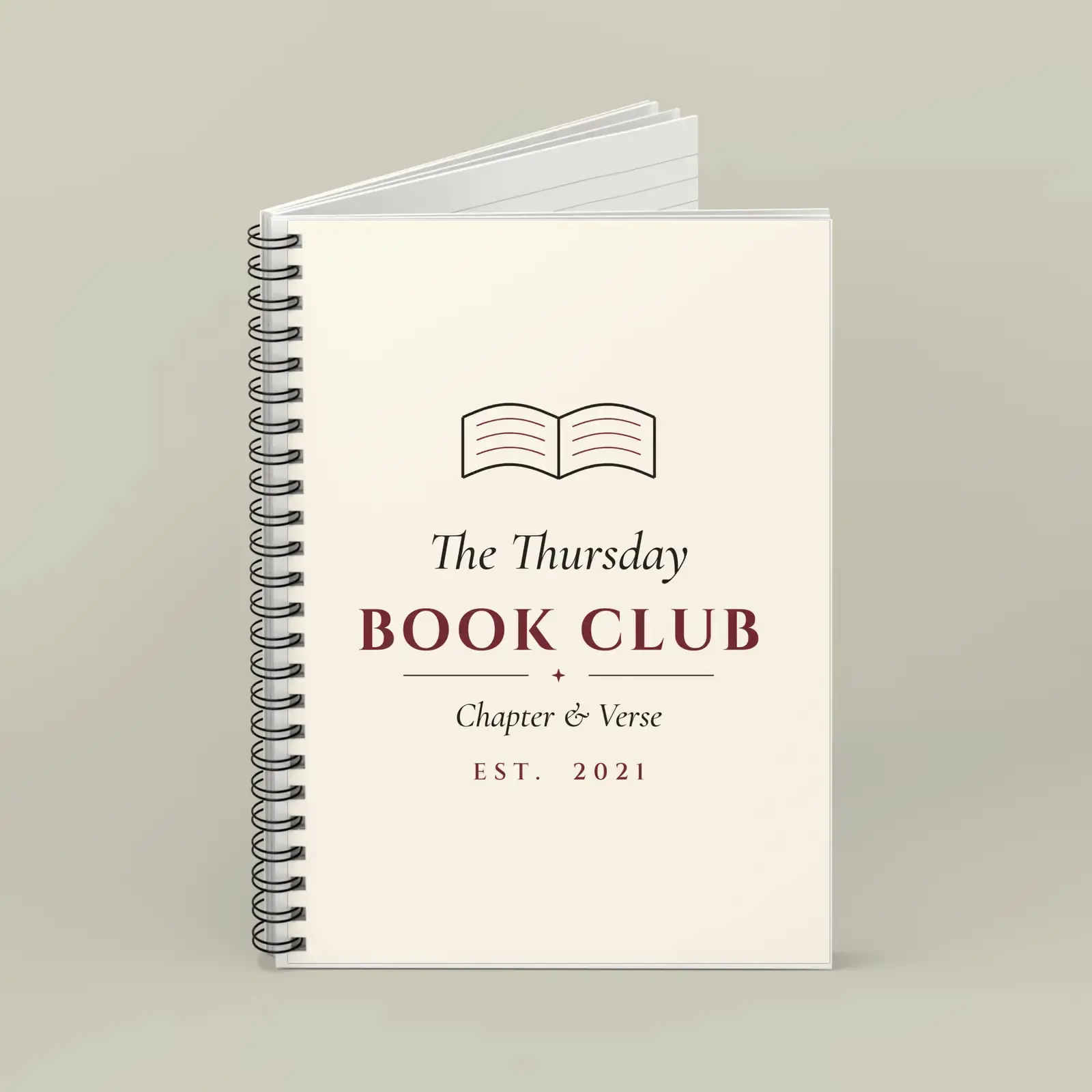 "The Thursday Book Club", an example design by Vessim, printed on a spiral notebook