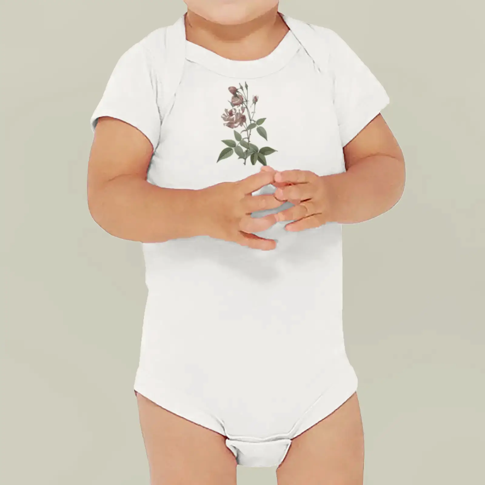 Baby bodysuit shown with a motif from China or Bengal Rose, from Les Roses by Pierre-Joseph Redouté, adapted from a public-domain example