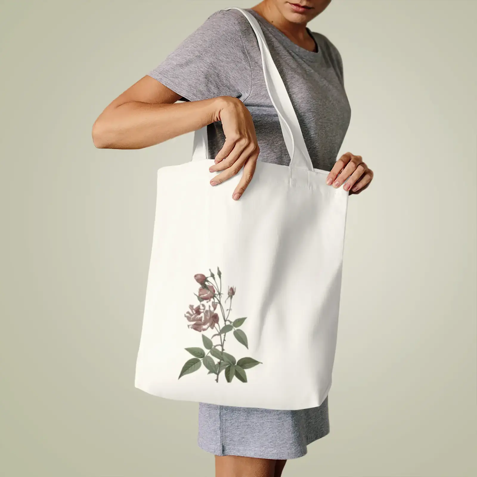 Tote bag shown with a motif from China or Bengal Rose, from Les Roses by Pierre-Joseph Redouté, adapted from a public-domain example