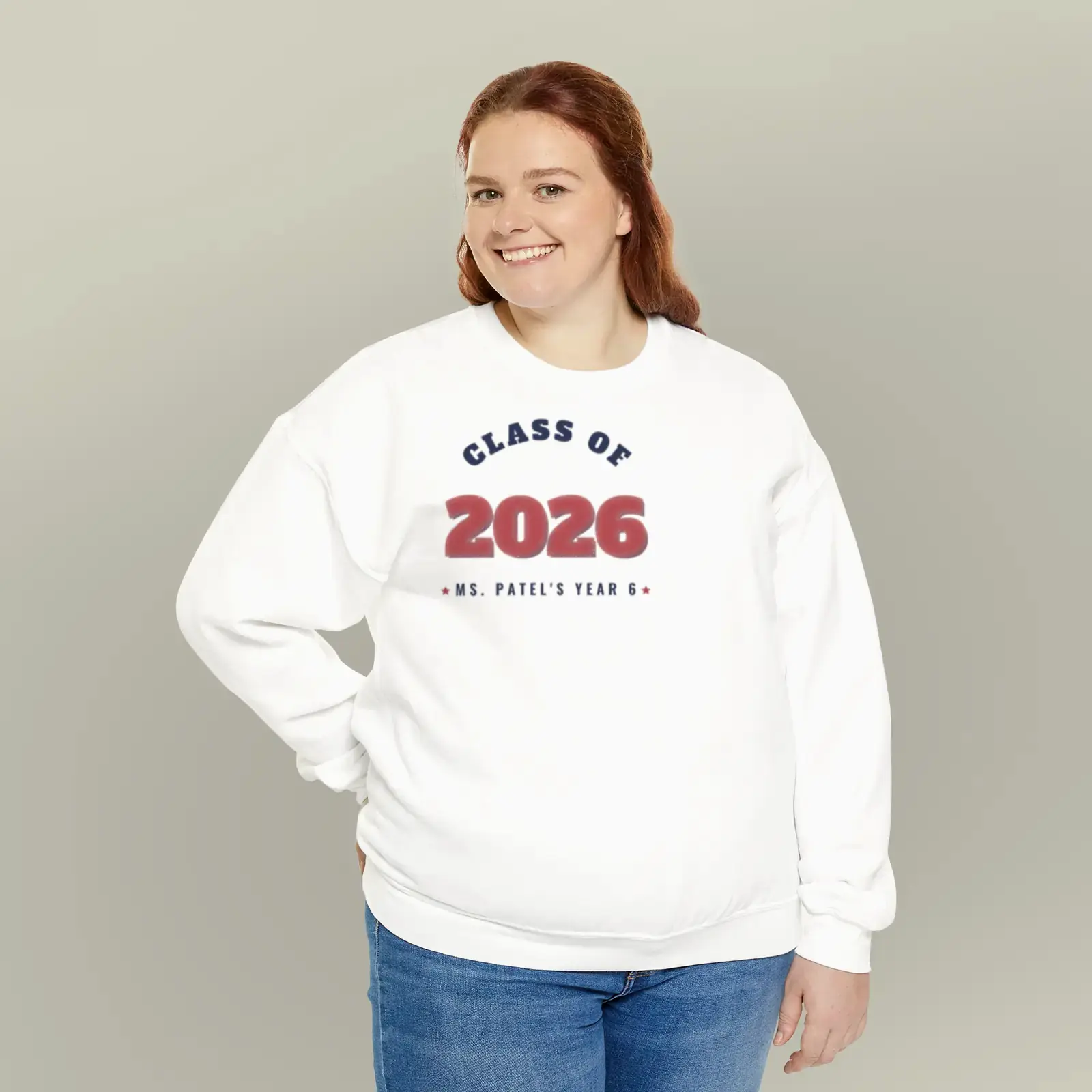 "Class of 2026", an example design by Vessim, printed on a crewneck sweatshirt