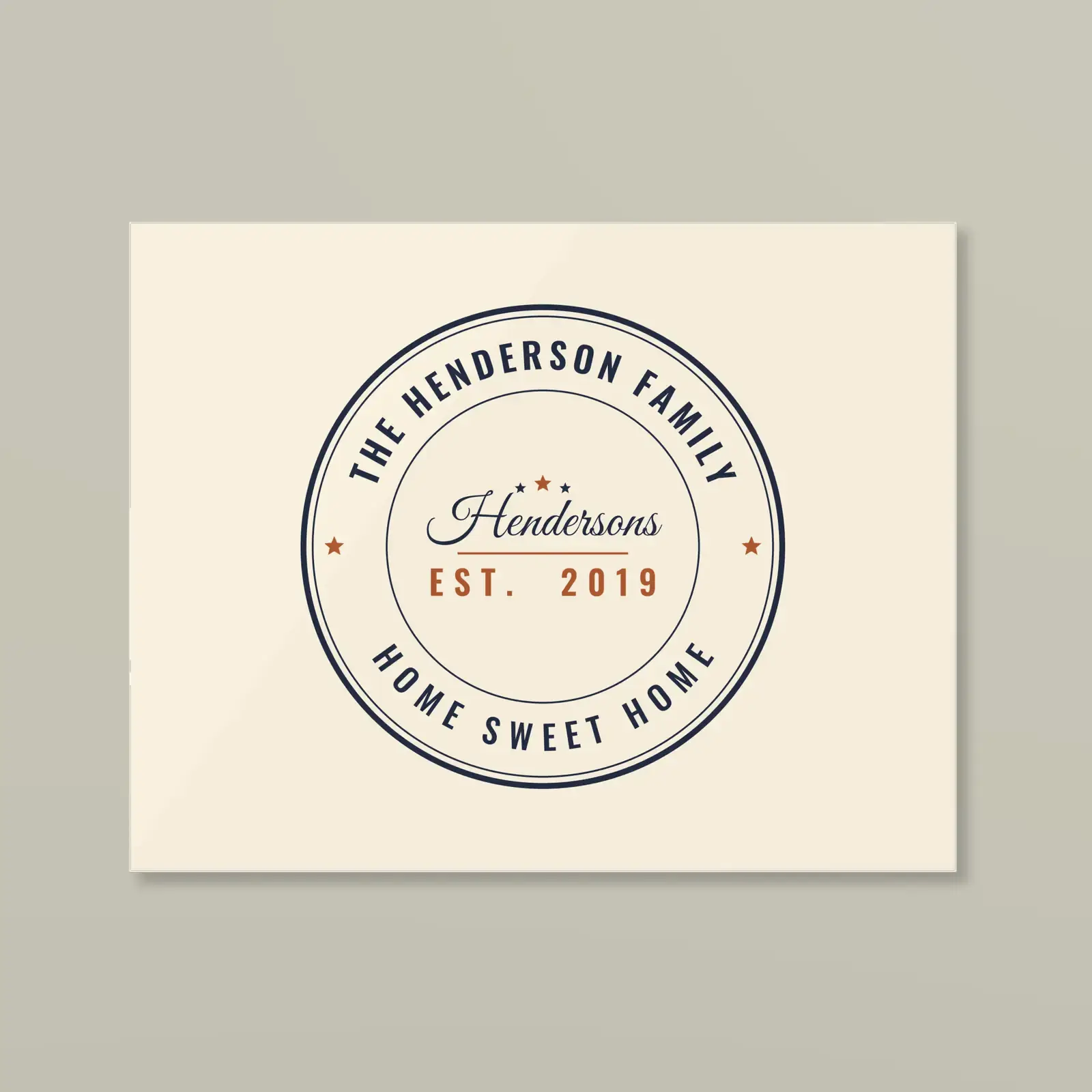 "The Hendersons, Est. 2019", an example design by Vessim, printed on a acrylic print