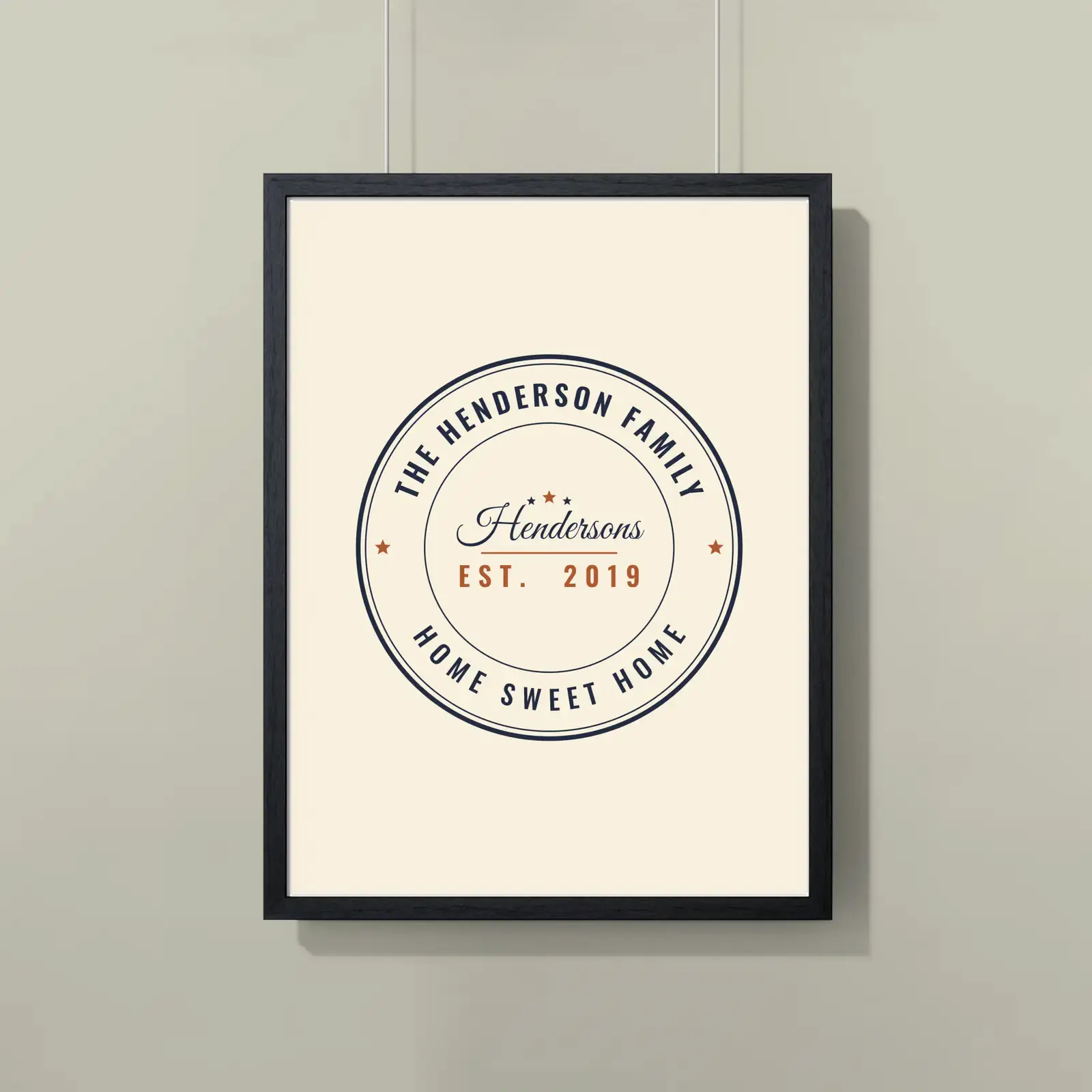 "The Hendersons, Est. 2019", an example design by Vessim, printed on a framed poster