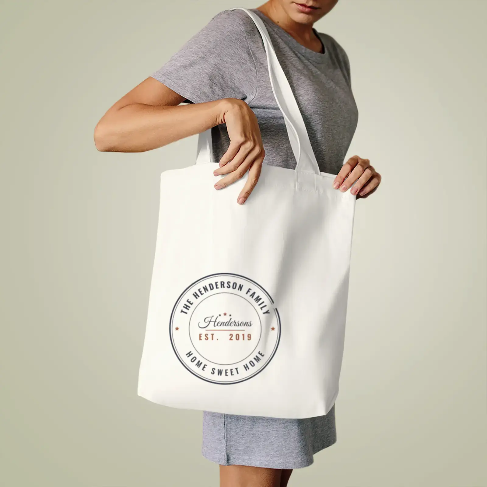 "The Hendersons, Est. 2019", an example design by Vessim, printed on a tote bag
