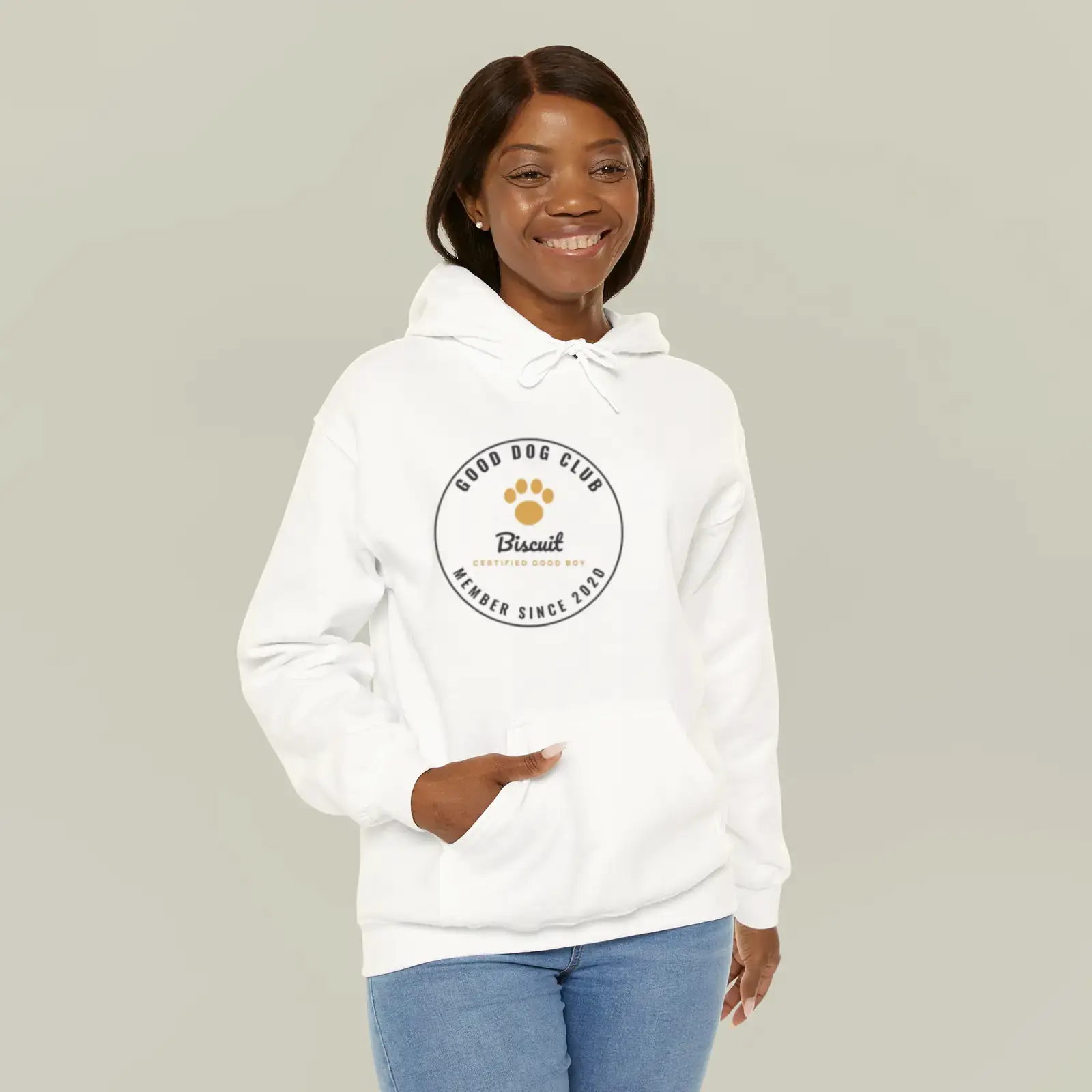 "Good Dog Club: Biscuit", an example design by Vessim, printed on a hoodie