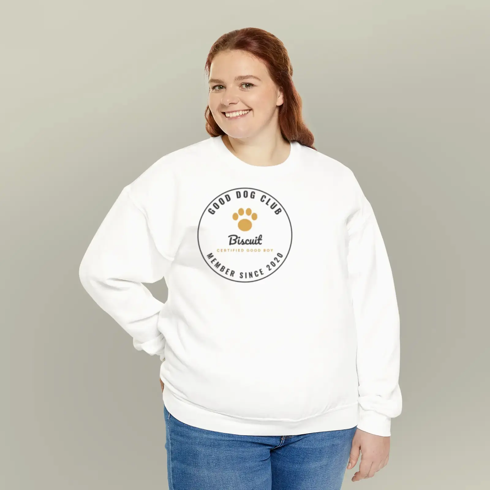"Good Dog Club: Biscuit", an example design by Vessim, printed on a crewneck sweatshirt