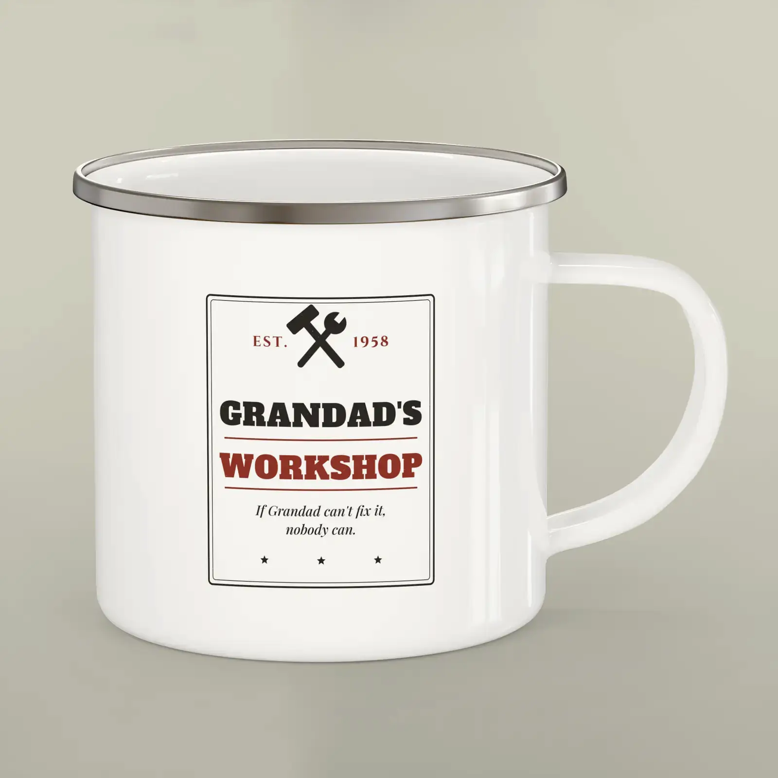 "Grandad's Workshop", an example design by Vessim, printed on a enamel camping mug