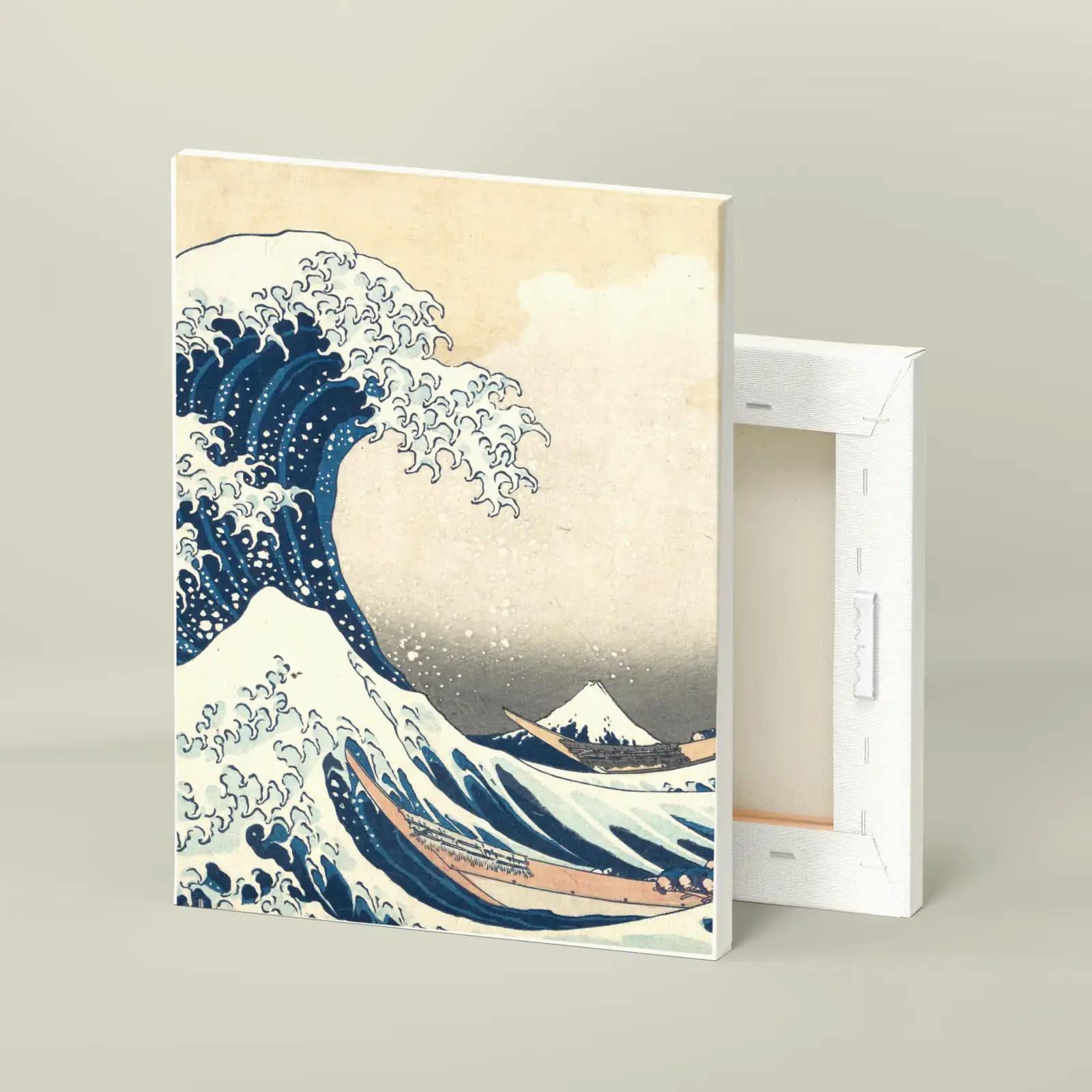 Stretched canvas shown with The Great Wave off Kanagawa by Katsushika Hokusai, a public-domain example
