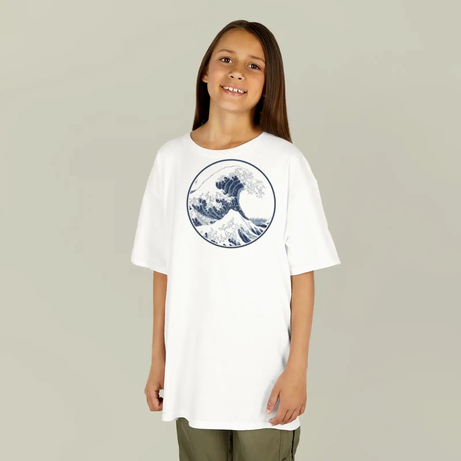 Kids' T-shirt shown with The Great Wave off Kanagawa by Katsushika Hokusai, adapted from a public-domain example