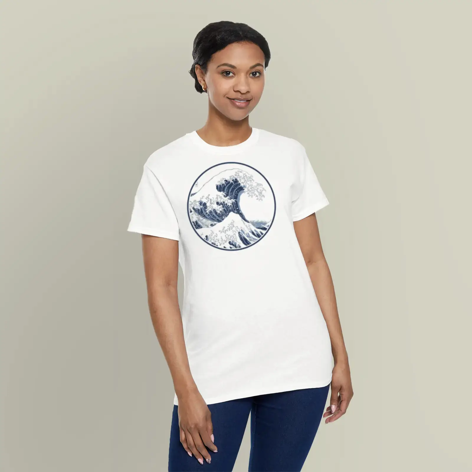 T-shirt shown with The Great Wave off Kanagawa by Katsushika Hokusai, adapted from a public-domain example