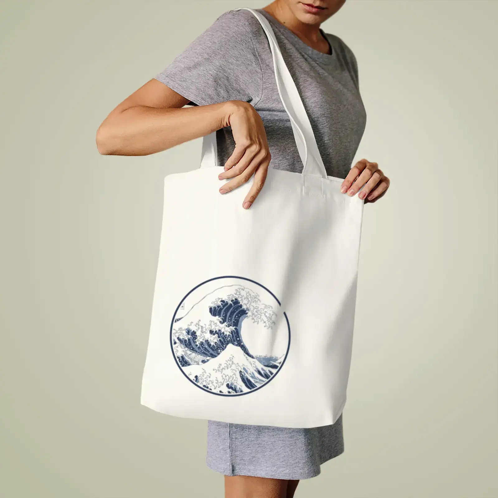Tote bag shown with The Great Wave off Kanagawa by Katsushika Hokusai, adapted from a public-domain example