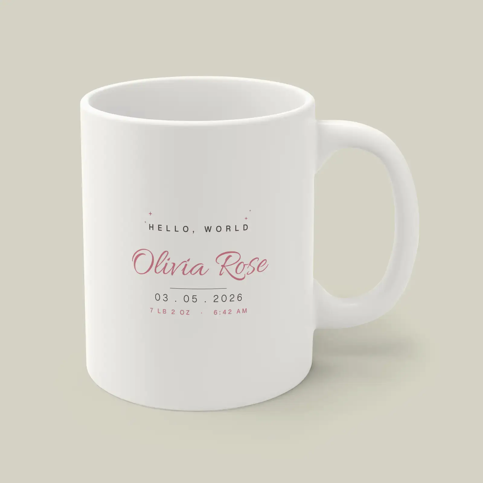 "Hello, Olivia Rose", an example design by Vessim, printed on a mug