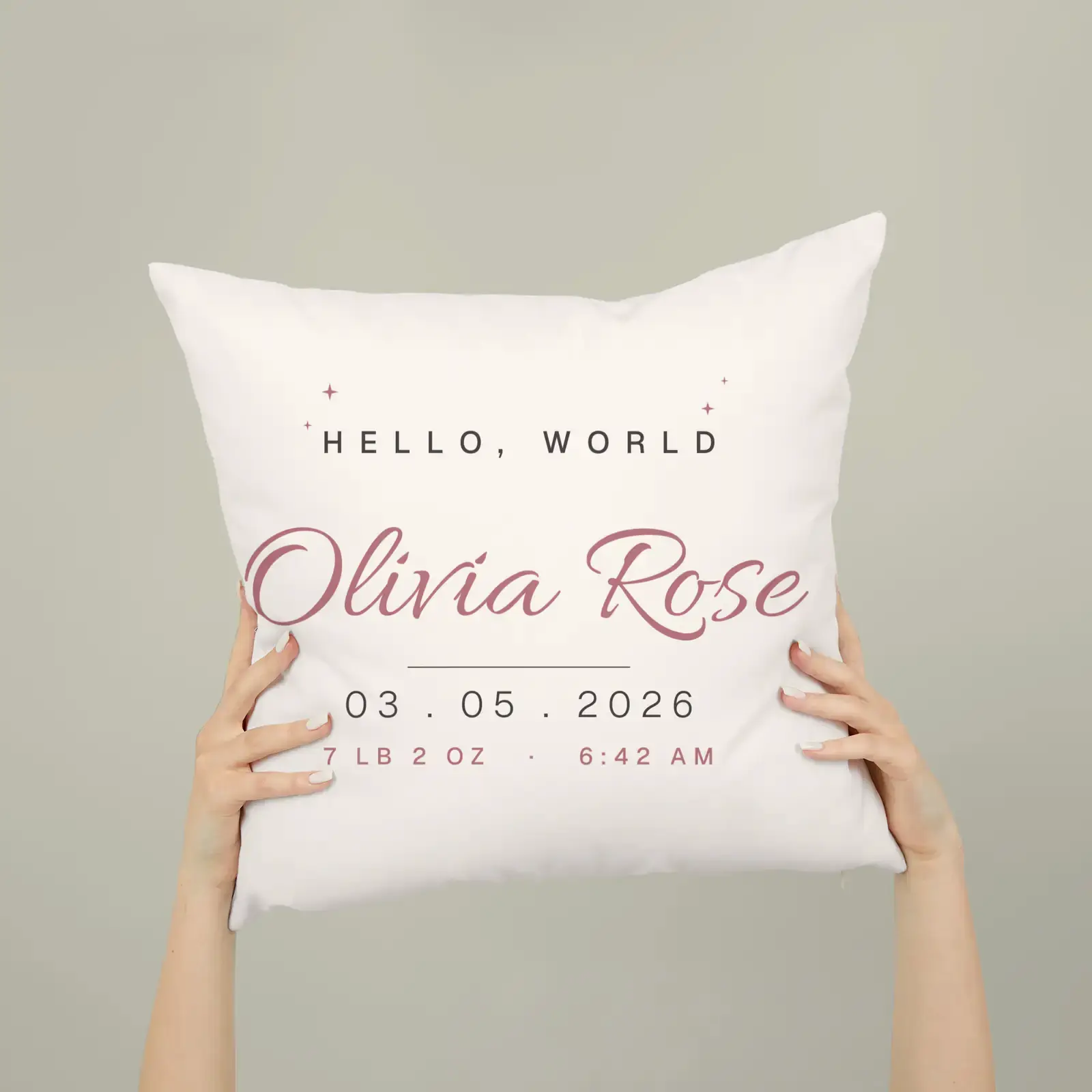 "Hello, Olivia Rose", an example design by Vessim, printed on a square pillow