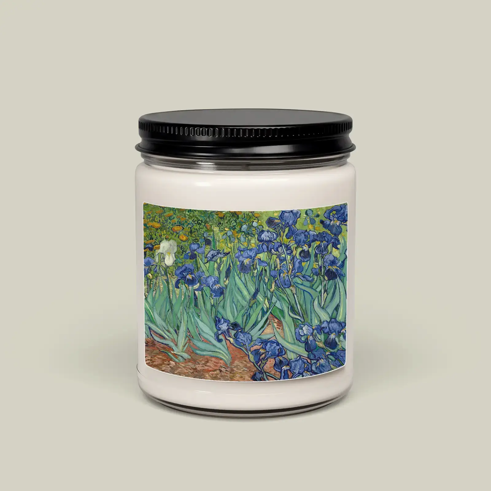 Soy candle shown with Irises by Vincent van Gogh, a public-domain example