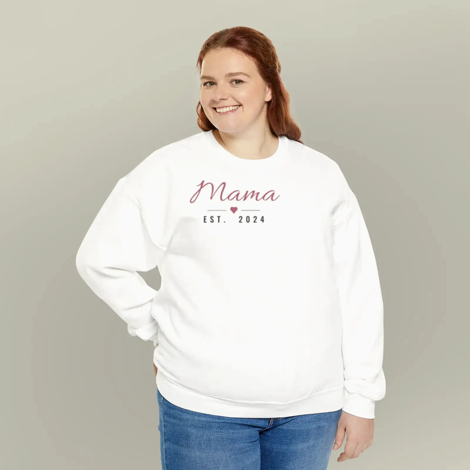 "Mama, Est. 2024", an example design by Vessim, printed on a crewneck sweatshirt