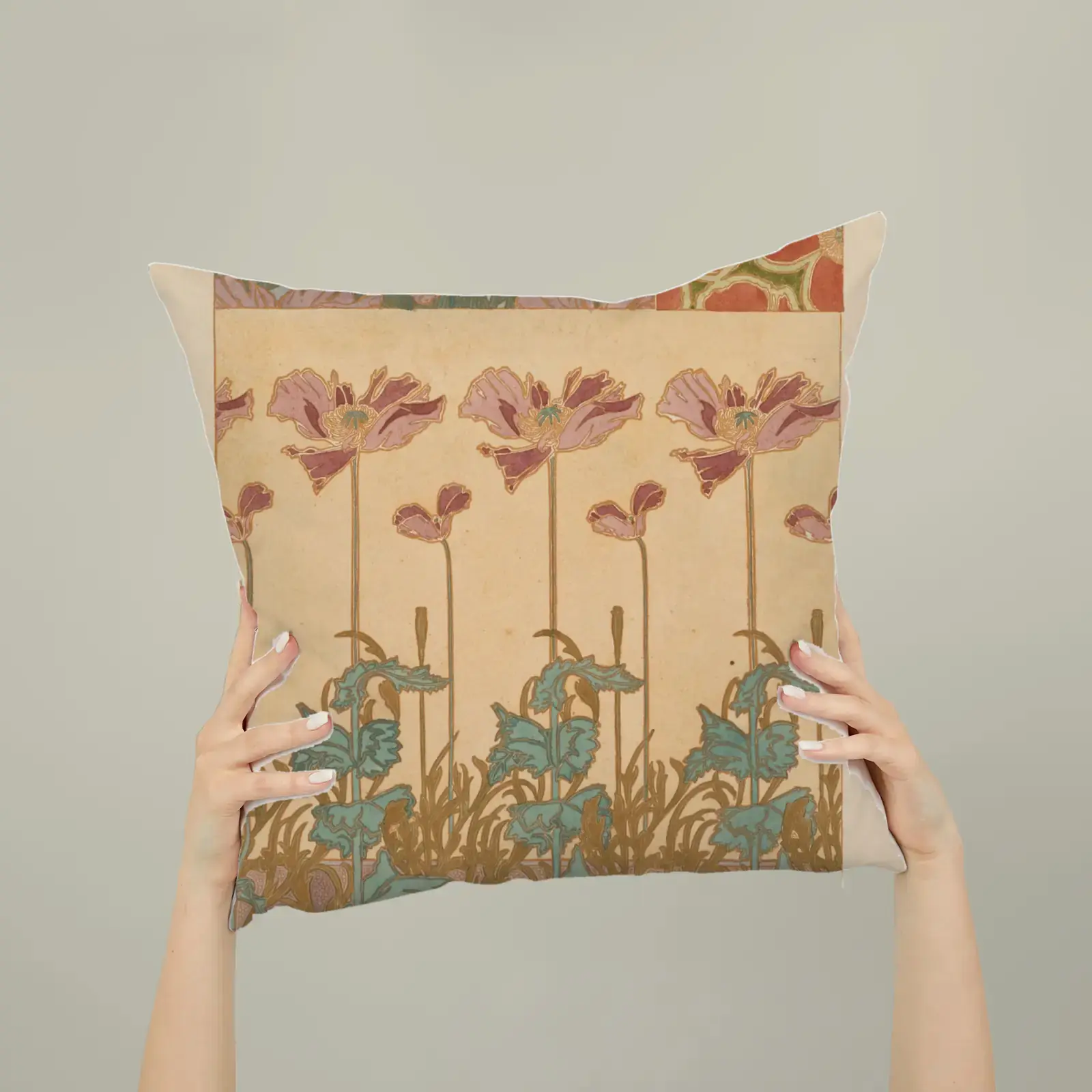 Oriental Poppies, from Documents Décoratifs by Alphonse Mucha, printed on a square pillow