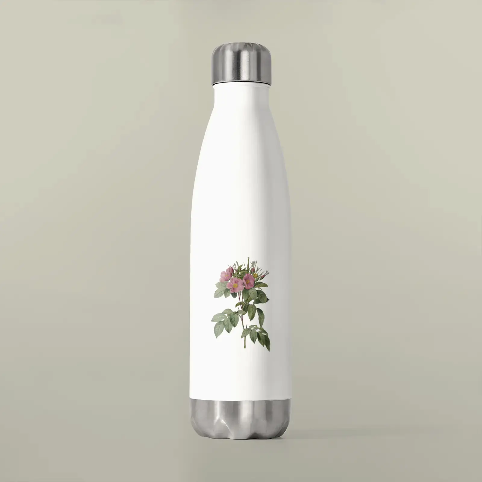 Insulated bottle shown with a motif from Pasture Rose (Rosa carolina corymbosa) by Pierre-Joseph Redouté, adapted from a public-domain example