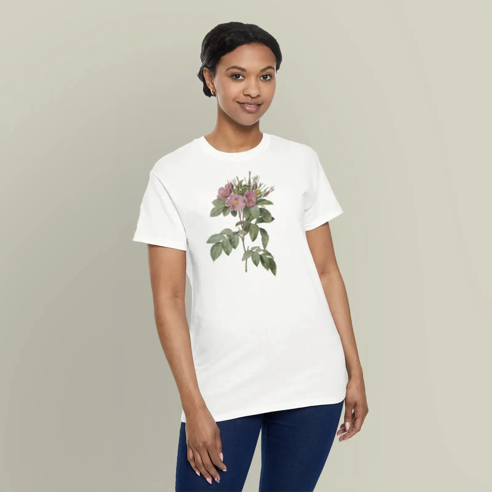 A motif from Pasture Rose (Rosa carolina corymbosa) by Pierre-Joseph Redouté, printed on a t-shirt