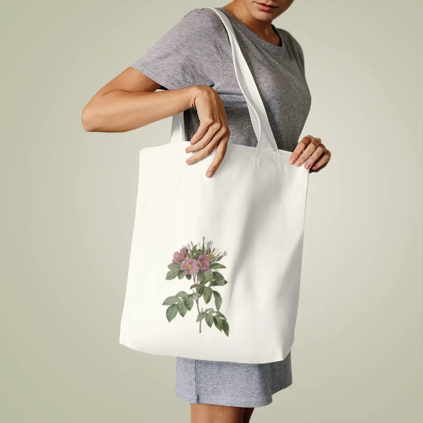 A motif from Pasture Rose (Rosa carolina corymbosa) by Pierre-Joseph Redouté, printed on a tote bag