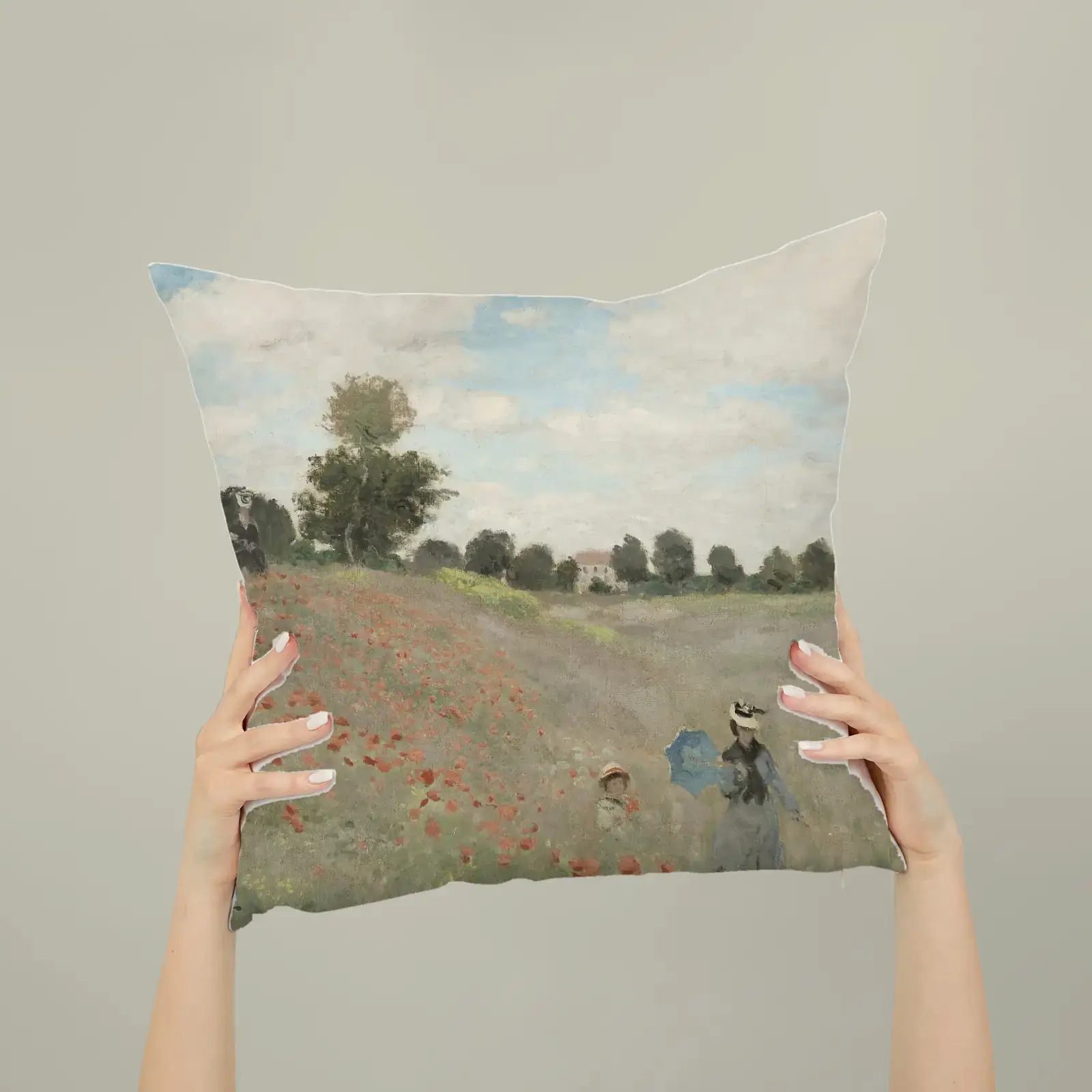 Poppy Field by Claude Monet, printed on a square pillow