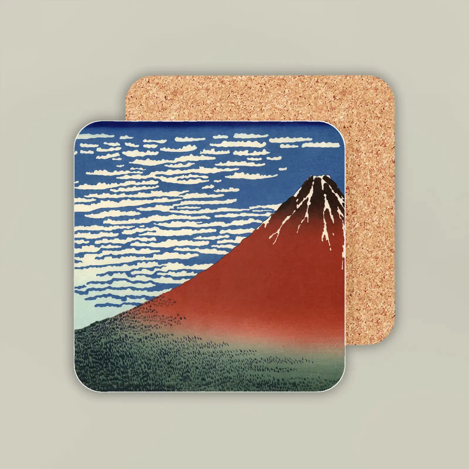 Coaster shown with Fine Wind, Clear Morning (Red Fuji) by Katsushika Hokusai, a public-domain example