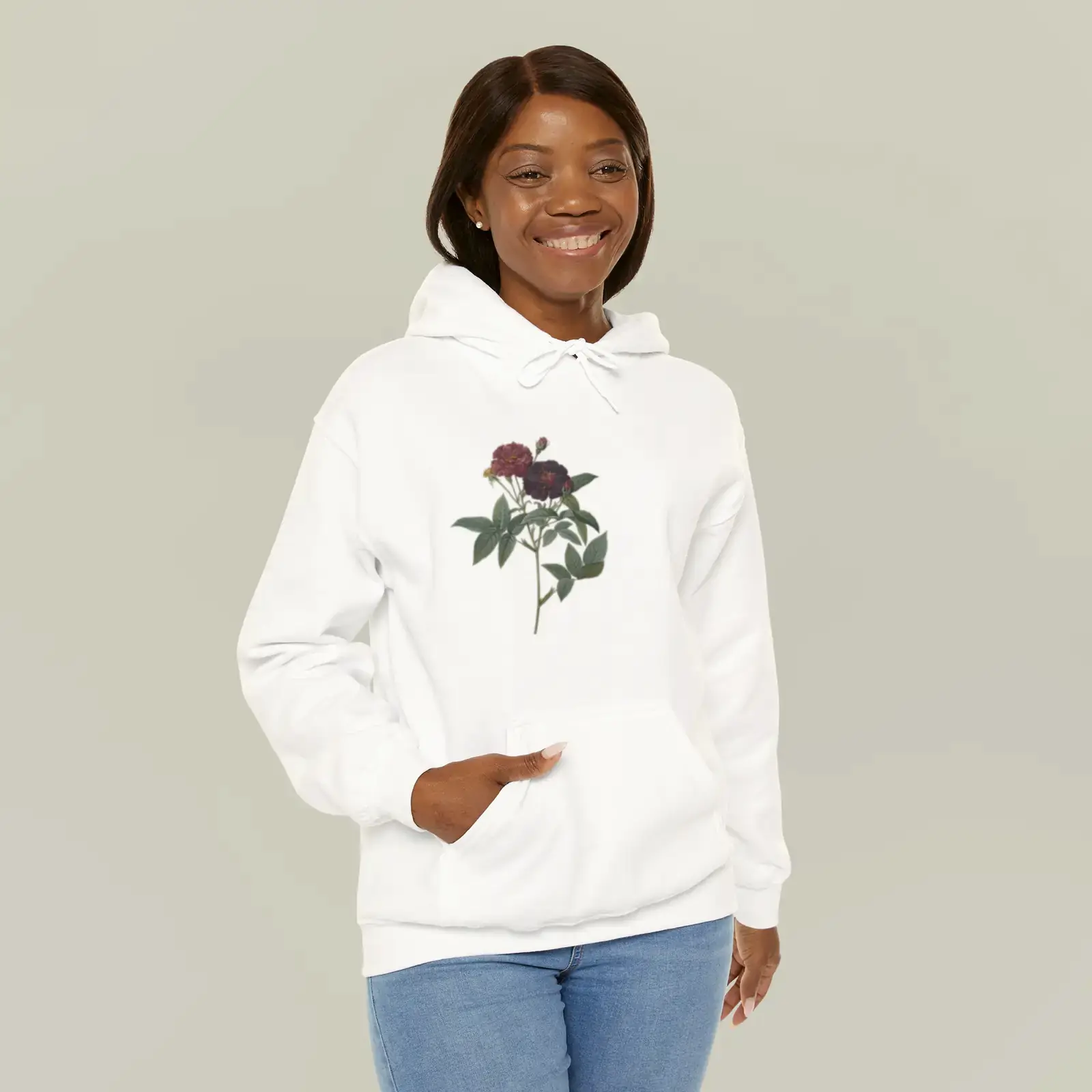 A motif from Rosa gallica purpurea velutina parva, from Les Roses by Pierre-Joseph Redouté, printed on a hoodie