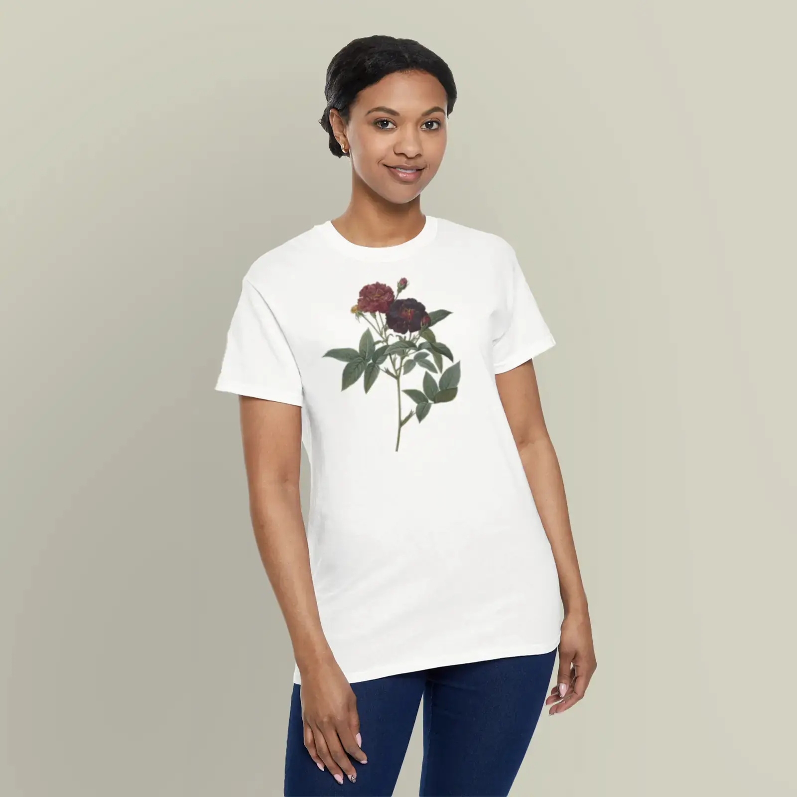 A motif from Rosa gallica purpurea velutina parva, from Les Roses by Pierre-Joseph Redouté, printed on a t-shirt