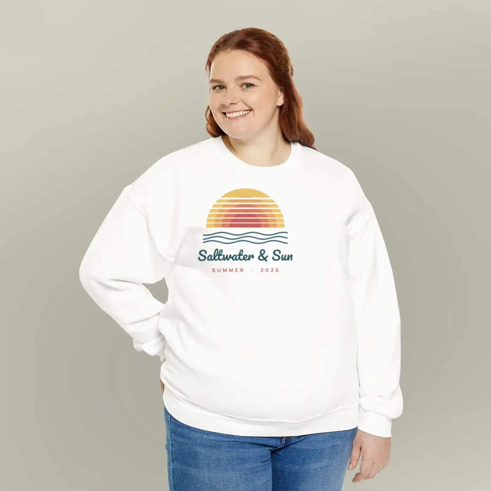 "Saltwater & Sun", an example design by Vessim, printed on a crewneck sweatshirt