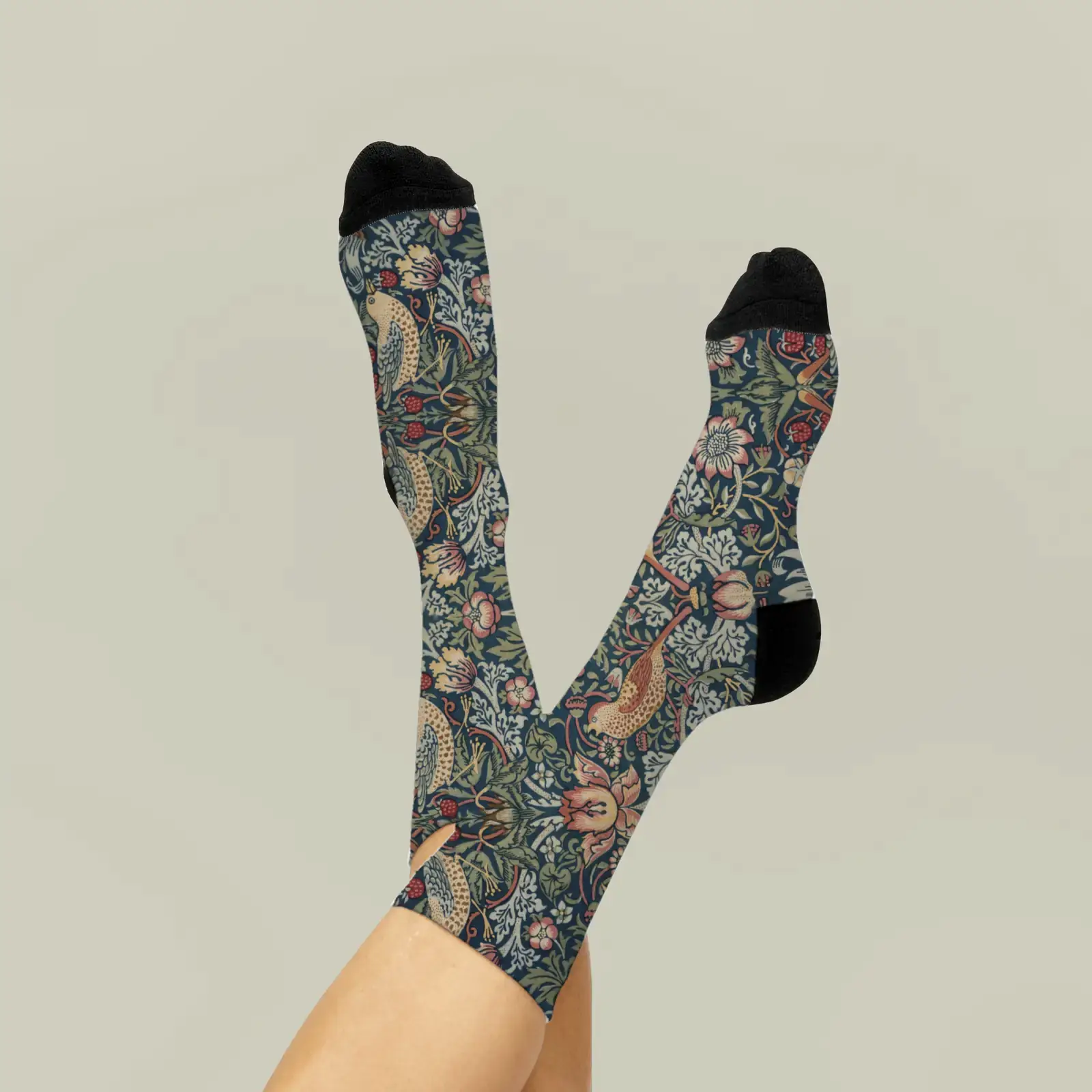 Socks shown with Strawberry Thief by William Morris, a public-domain example
