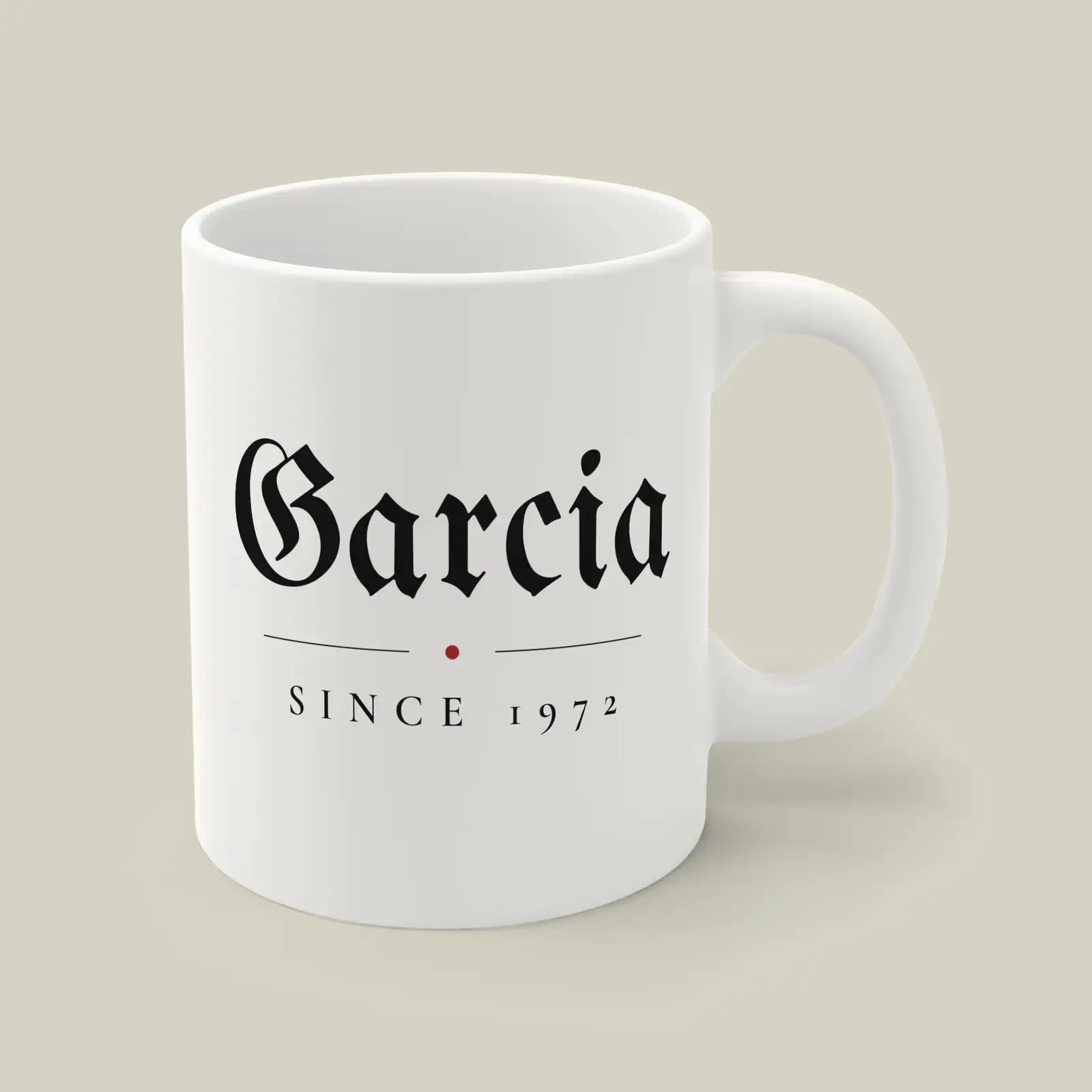 "Garcia, since 1972", an example design by Vessim, printed on a mug