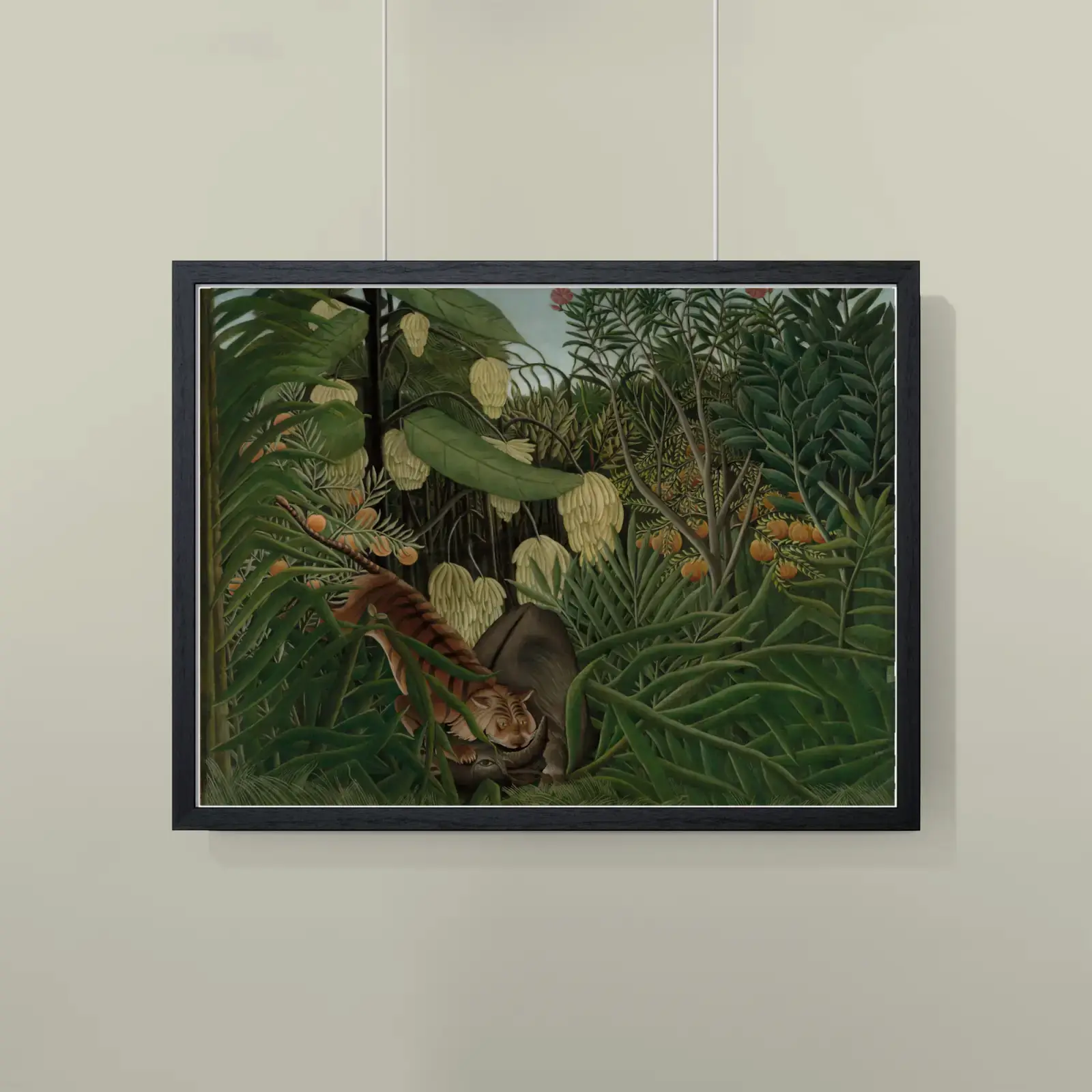 Fight Between a Tiger and a Buffalo by Henri Rousseau, printed on a landscape framed poster