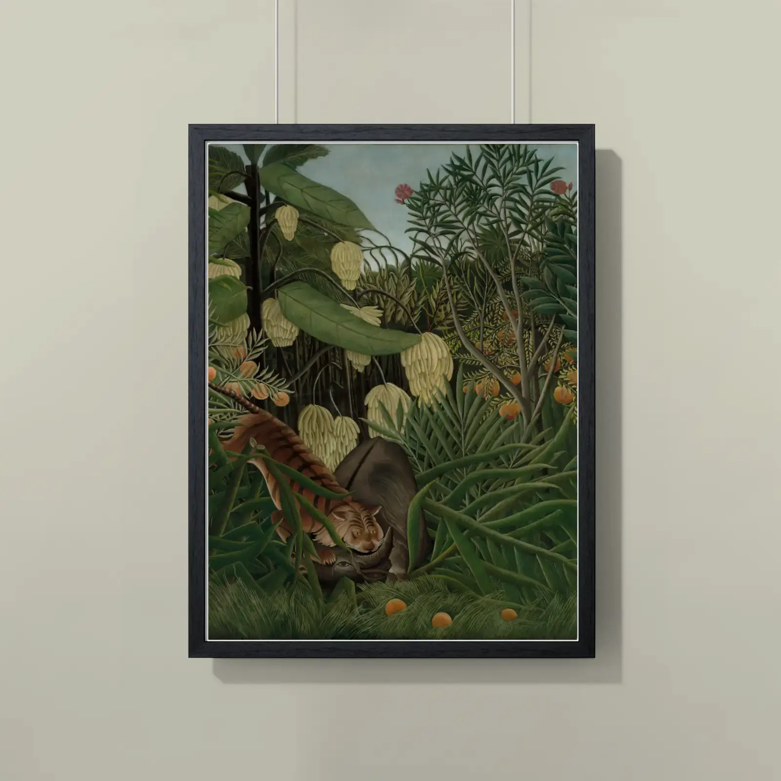 Fight Between a Tiger and a Buffalo by Henri Rousseau, printed on a framed poster