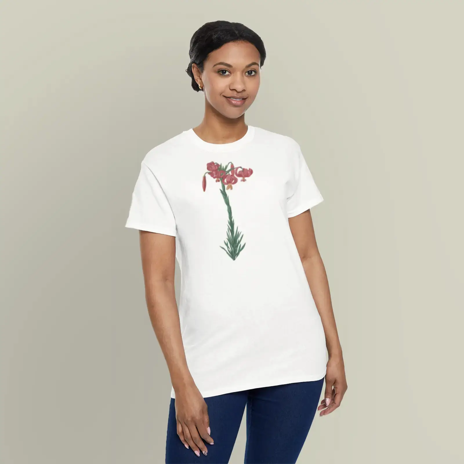 A motif from Turban Lily, from Les Liliacées by Pierre-Joseph Redouté, printed on a t-shirt