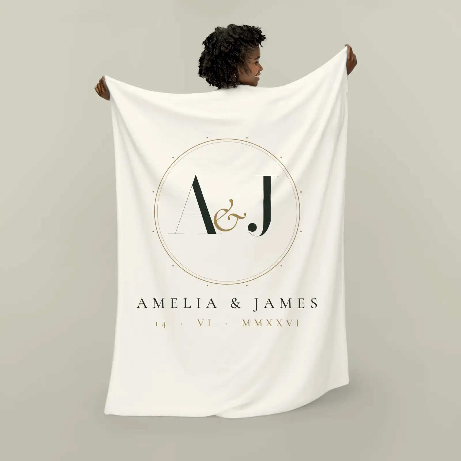"A & J wedding monogram", an example design by Vessim, printed on a plush blanket